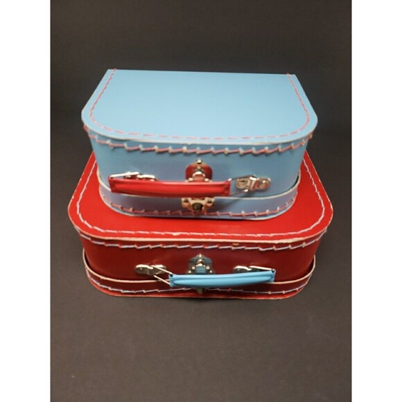 Two European Mini Suitcases for Toys or Doll Clothes Red Blue Metal Handle Clasp - Picture 1 of 16